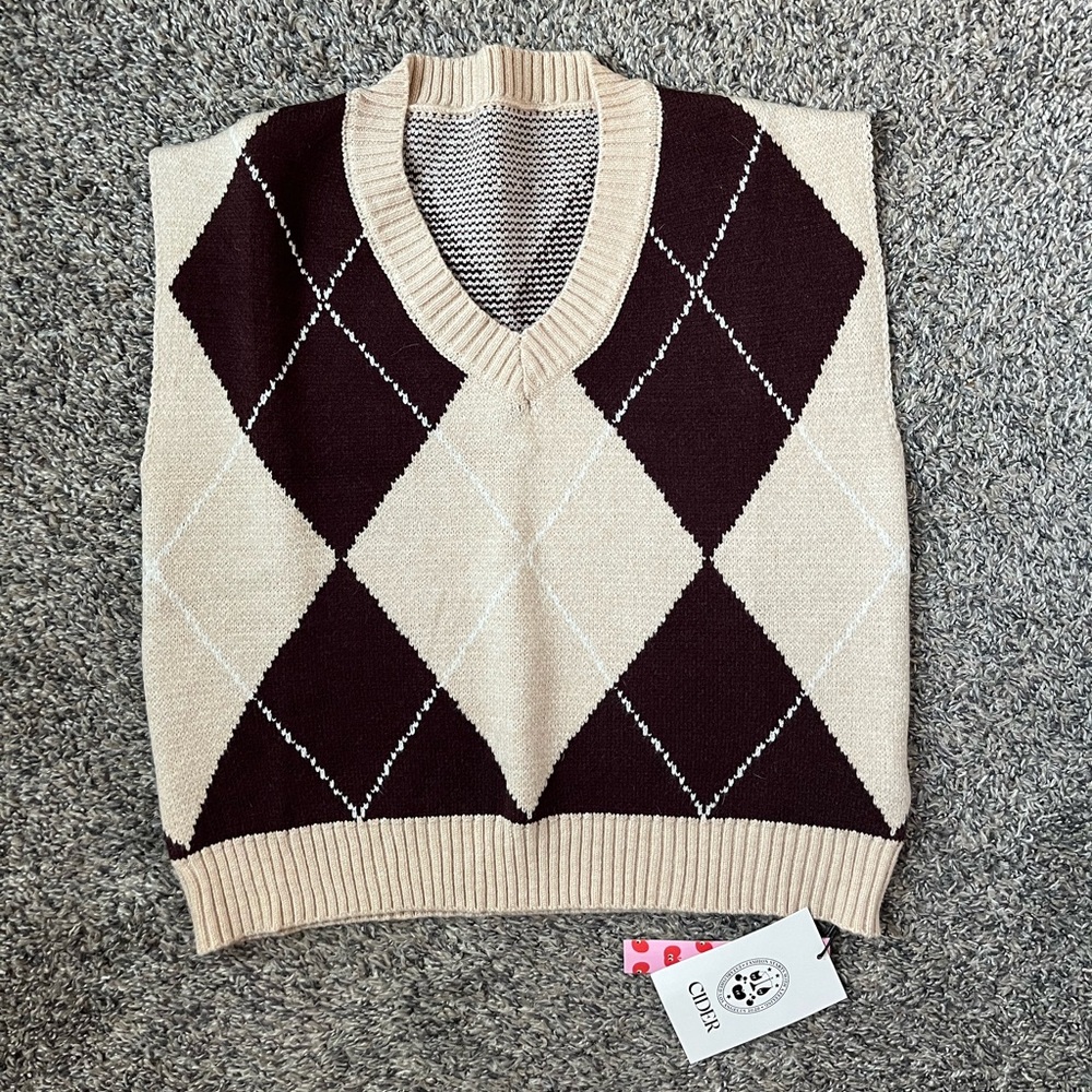 NWT Cider Tan and Brown Sweater Vest with V-Neck Line